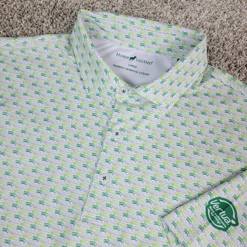 Horn Legend Mens Large Green White AOP Trucks Performance Stretch Golf Polo SS